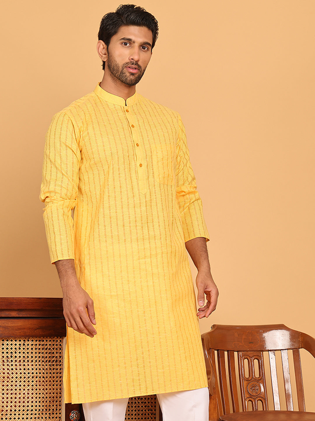 Men's Cotton Striped Kurtas ( KO 5207 Yellow )