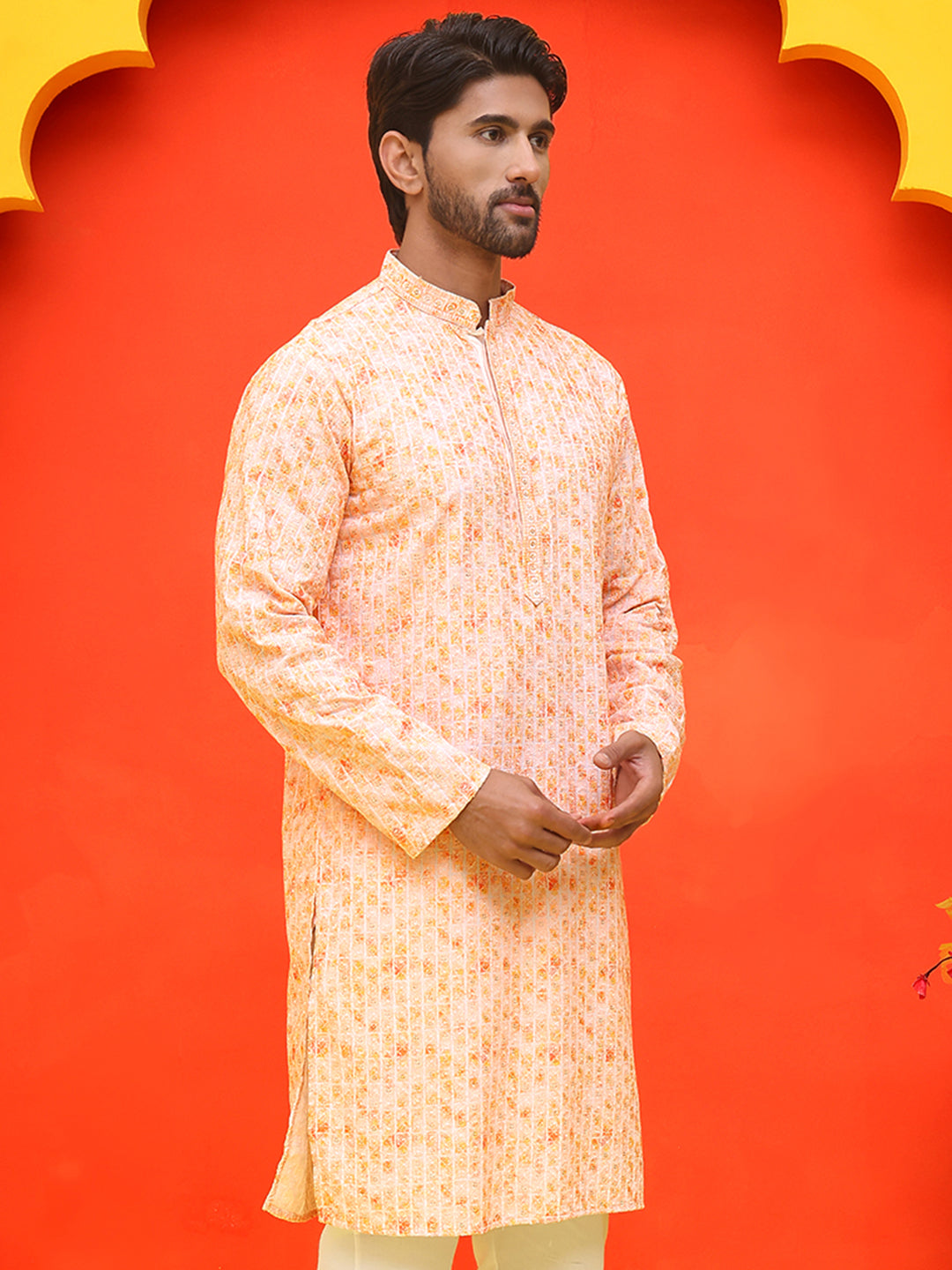 Sequin Embroidered Pure Cotton Kurtas ( KO 5208 Orange ) [FF] [I-1-4]