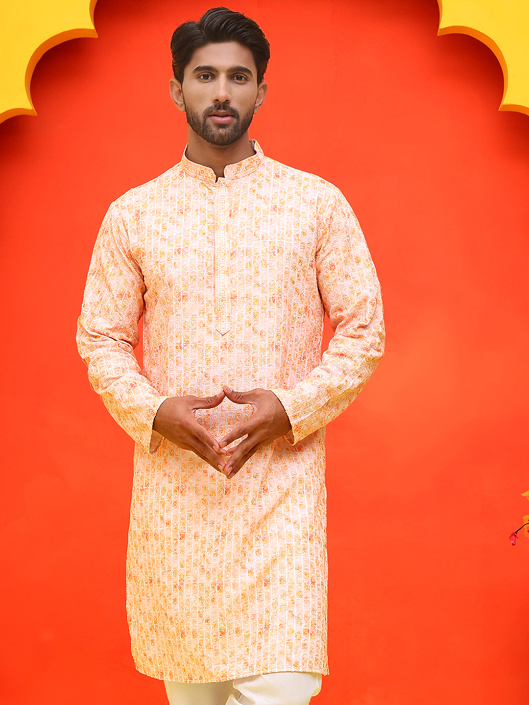 Sequin Embroidered Pure Cotton Kurtas ( KO 5208 Orange ) [FF] [I-1-4]