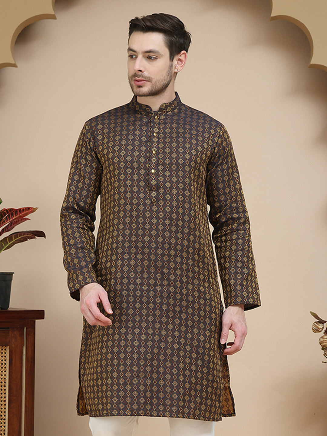 Jacquard Silk Straight Kurtas ( KO 5211 Brown )