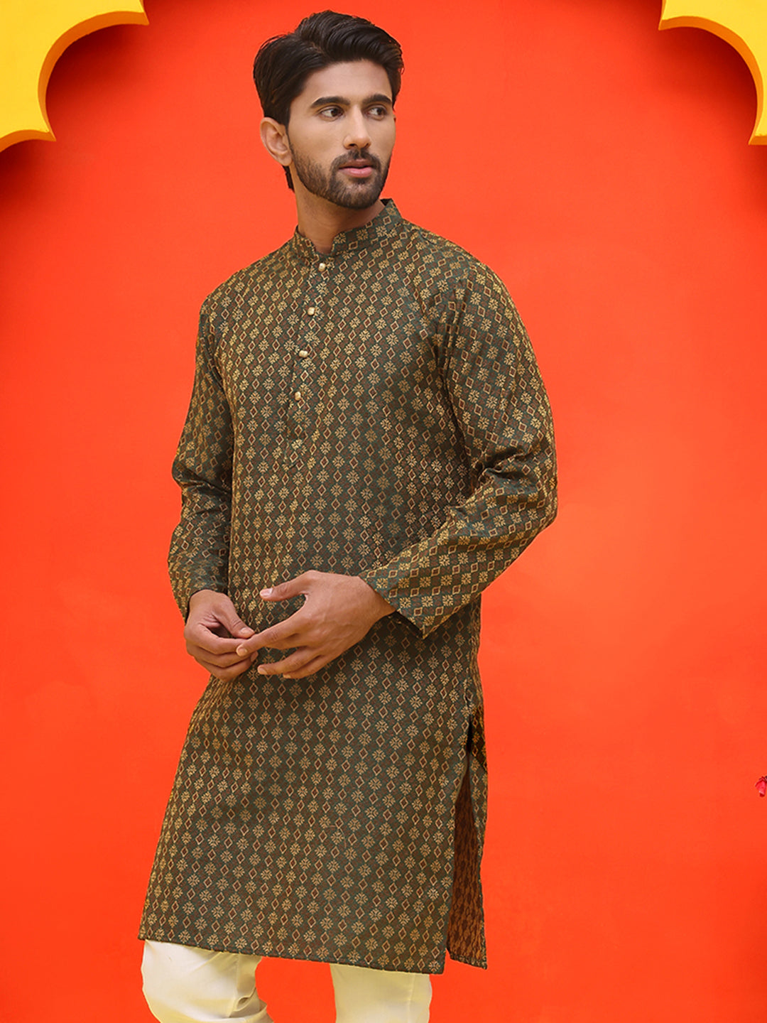 Jacquard Silk Straight Kurtas ( KO 5211 Olive ) [FF] [K-4]