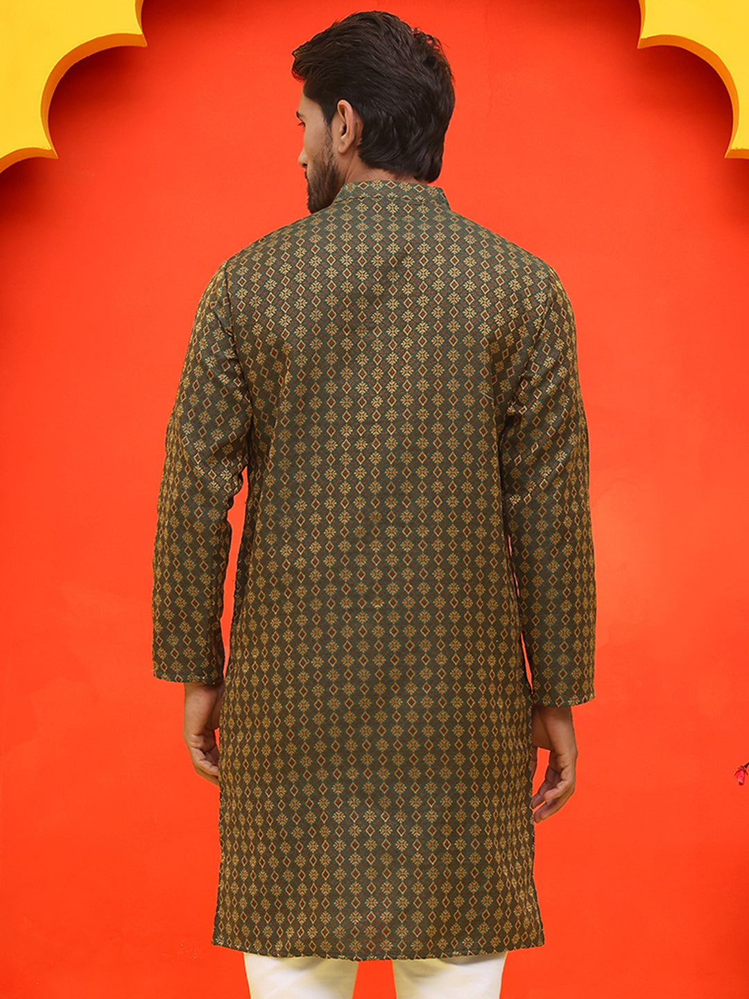 Jacquard Silk Straight Kurtas ( KO 5211 Olive ) [FF] [K-4]
