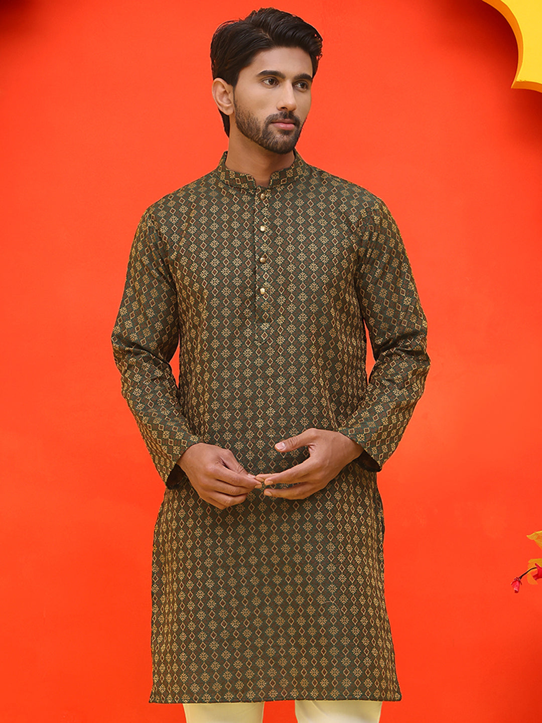 Jacquard Silk Straight Kurtas ( KO 5211 Olive ) [FF] [K-4]