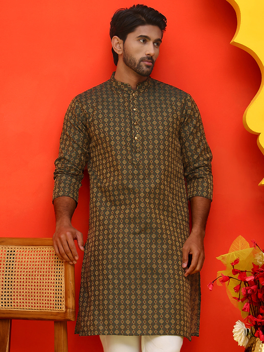 Jacquard Silk Straight Kurtas ( KO 5211 Olive ) [FF] [K-4]