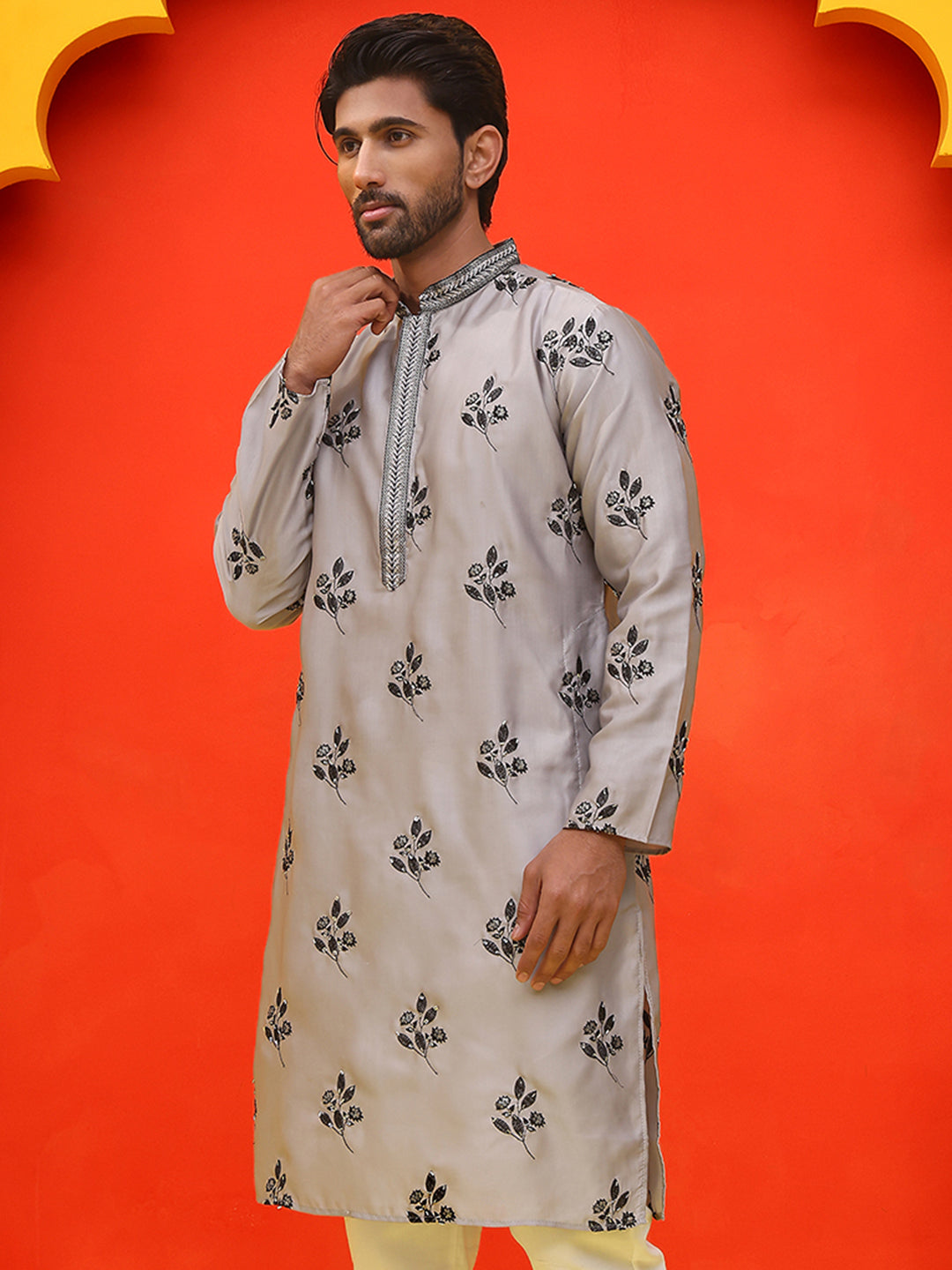 Chikankari Embroidered Kurtas For Men ( KO 5213 Grey )