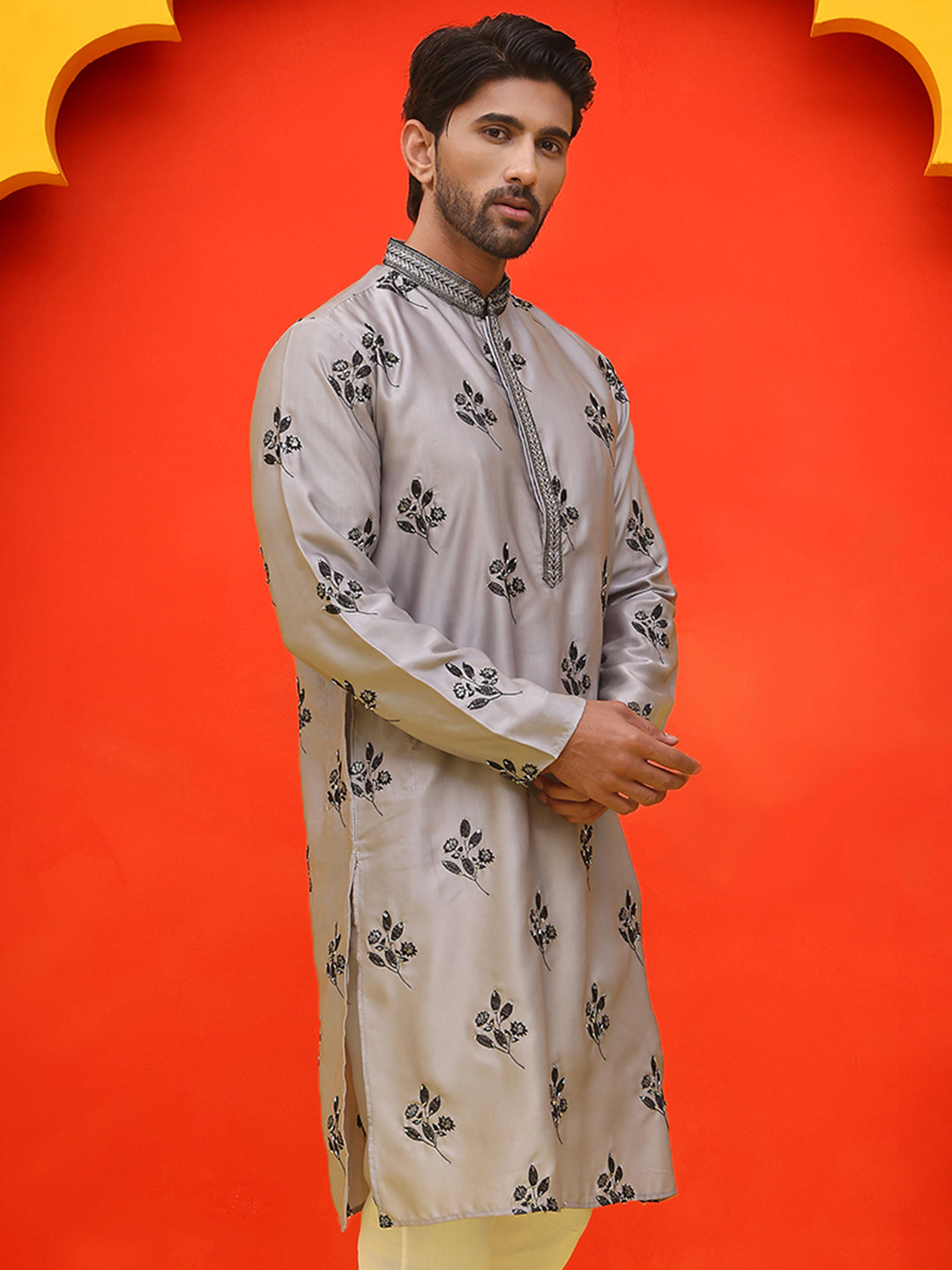 Chikankari Embroidered Kurtas For Men ( KO 5213 Grey )