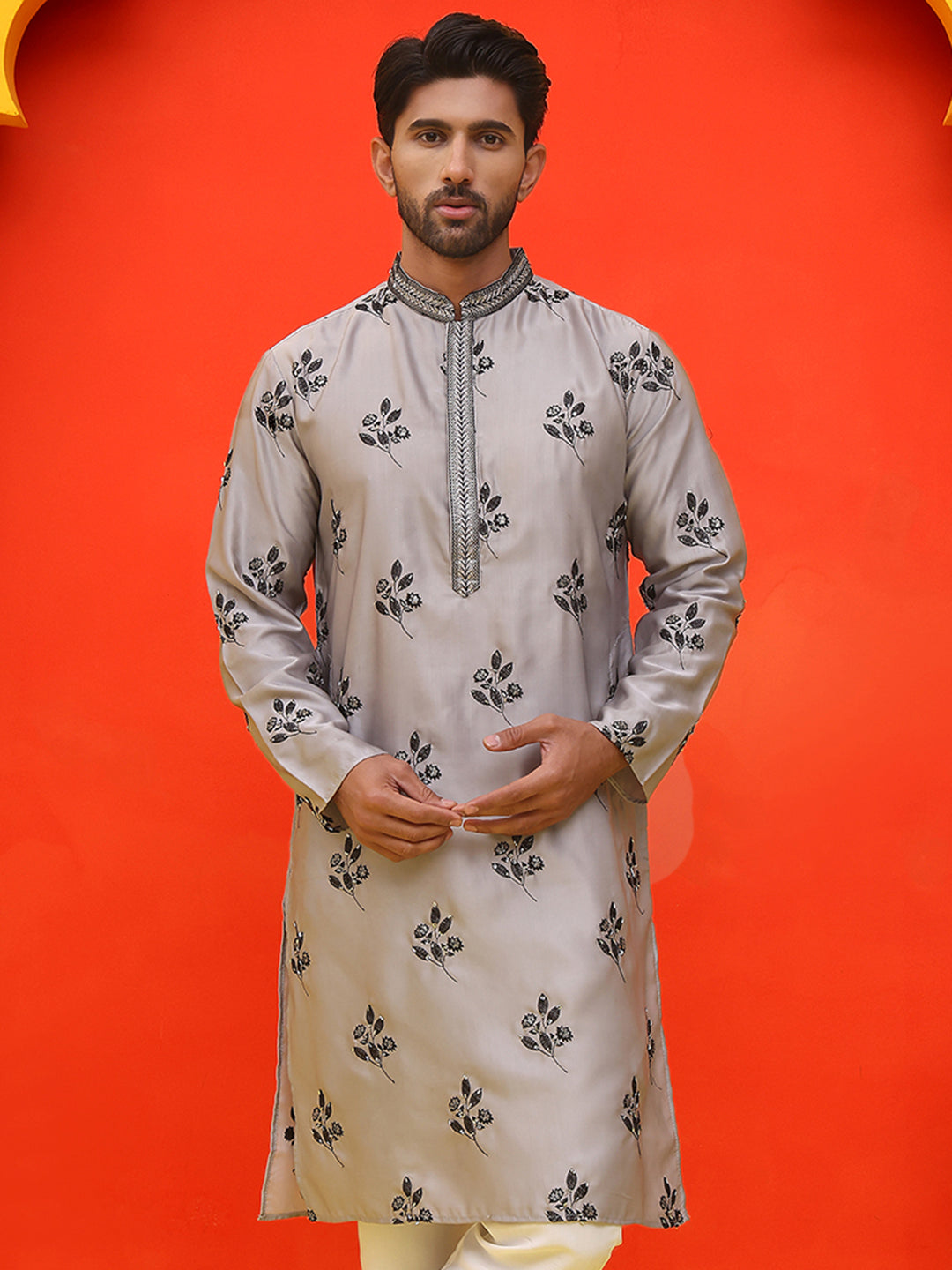 Chikankari Embroidered Kurtas For Men ( KO 5213 Grey )