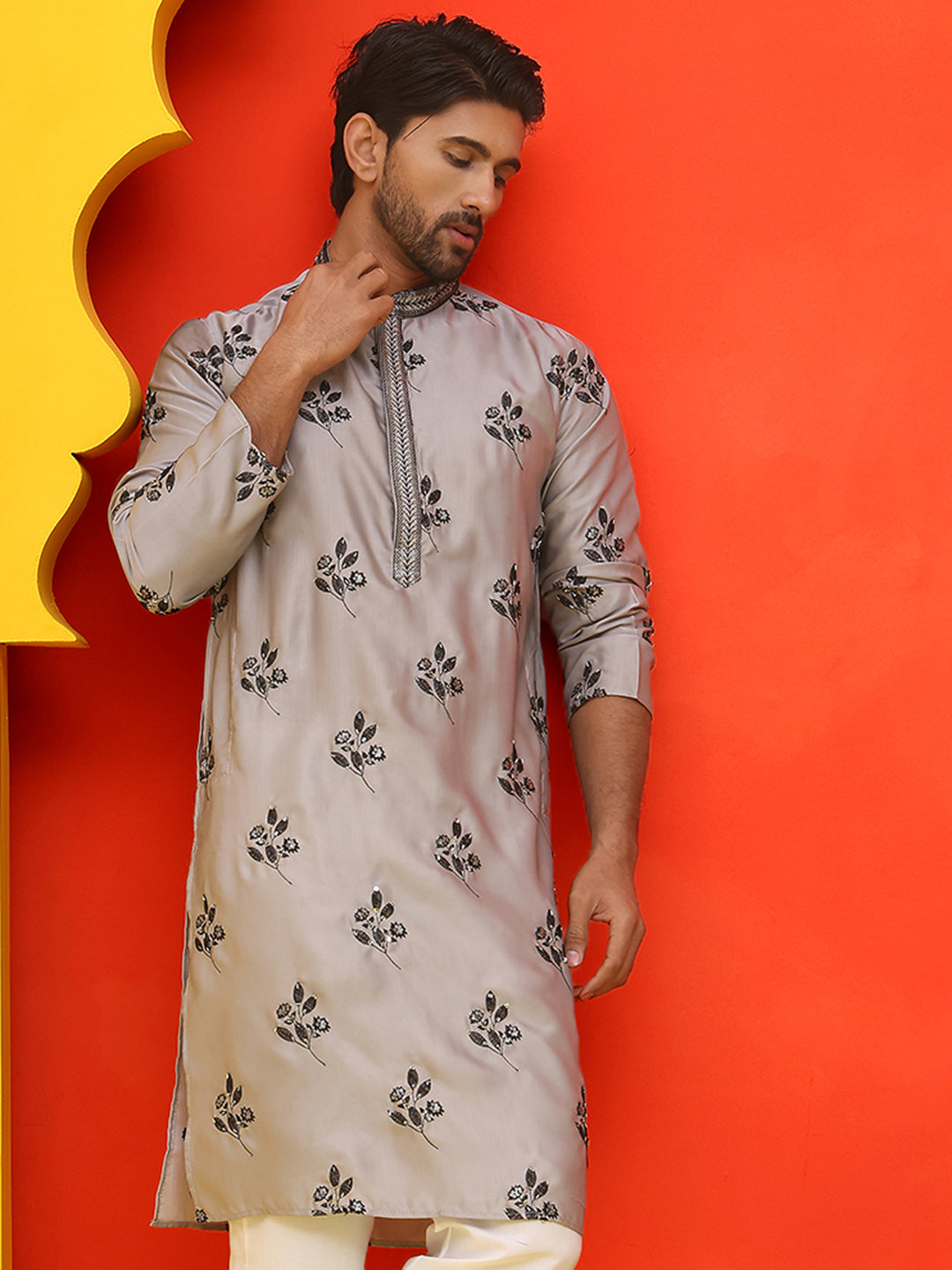 Chikankari Embroidered Kurtas For Men ( KO 5213 Grey )