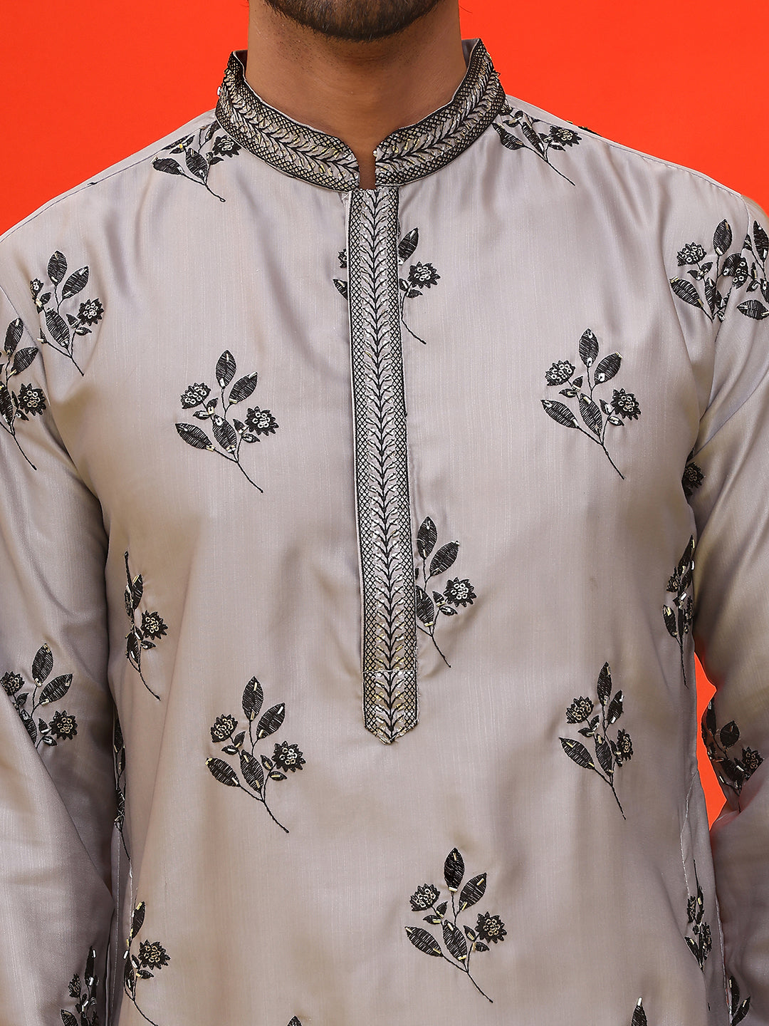 Chikankari Embroidered Kurtas For Men ( KO 5213 Grey )