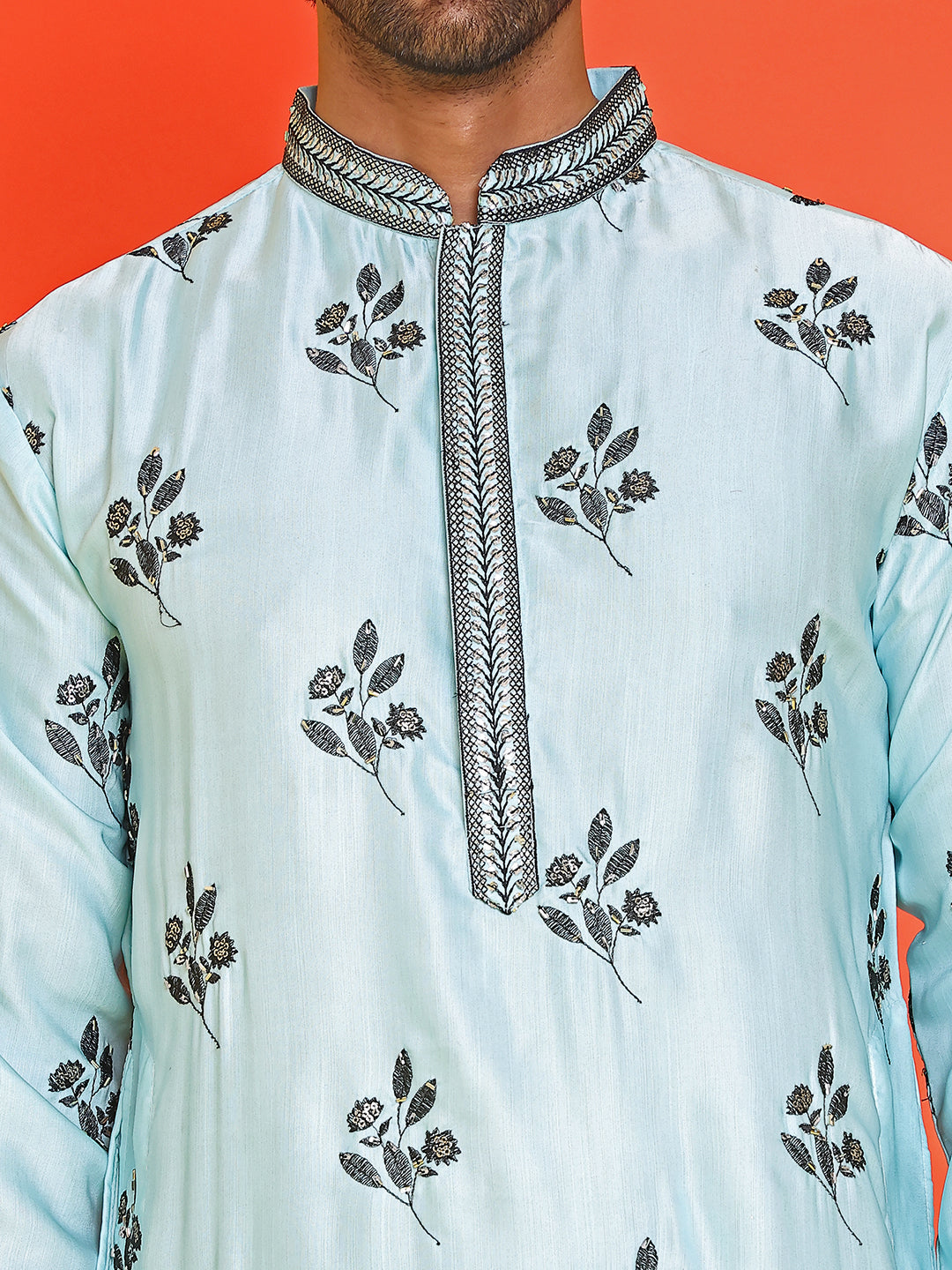 Chikankari Embroidered Kurtas For Men ( KO 5213 Sky )