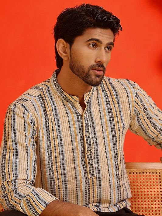 Striped Cotton short Kurtas ( KO 5214 Yellow )