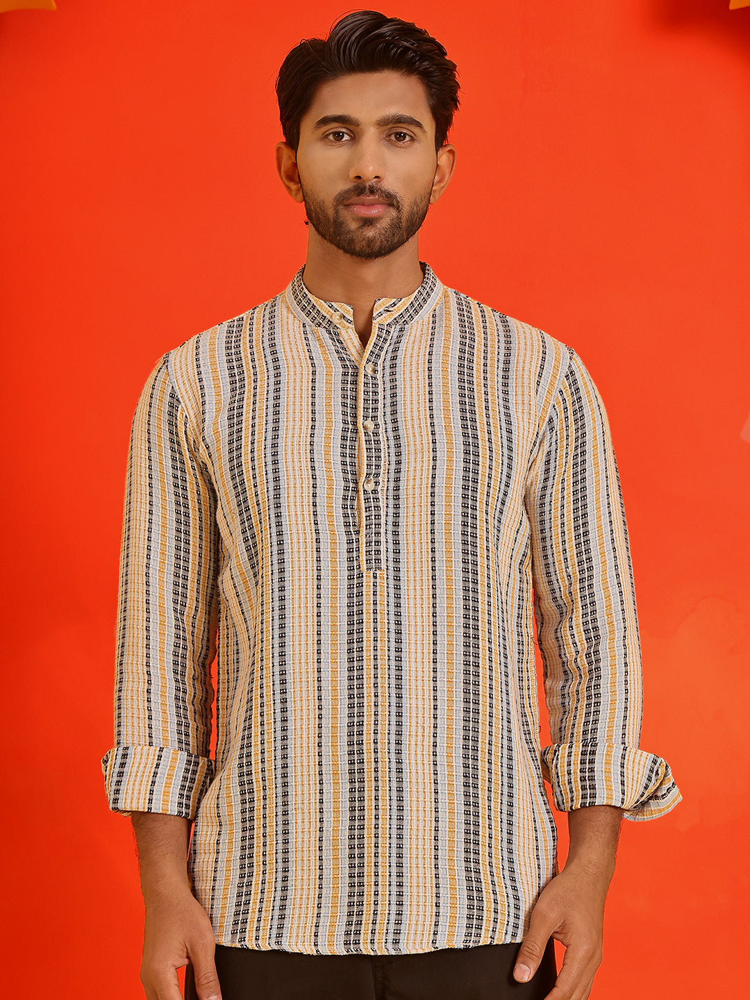 Striped Cotton short Kurtas ( KO 5214 Yellow )