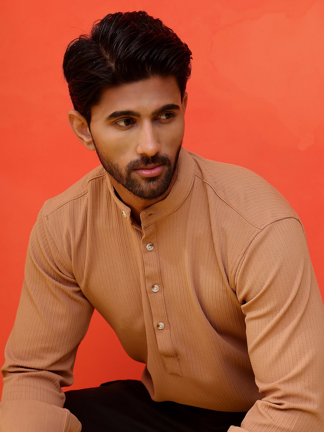 Solid Cotton Blend Short Kurta ( KO 5215 Brown )