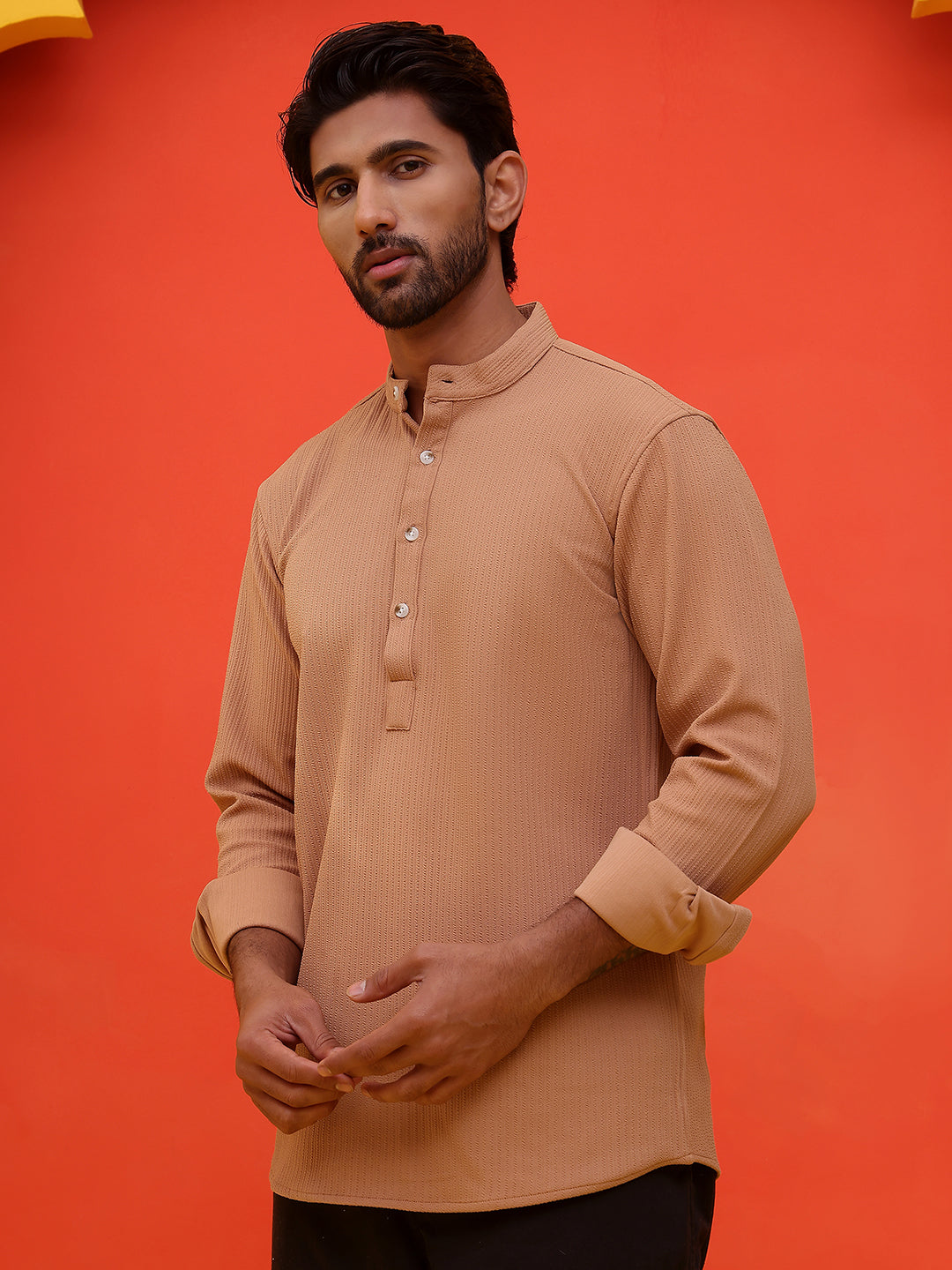 Solid Cotton Blend Short Kurta ( KO 5215 Brown )