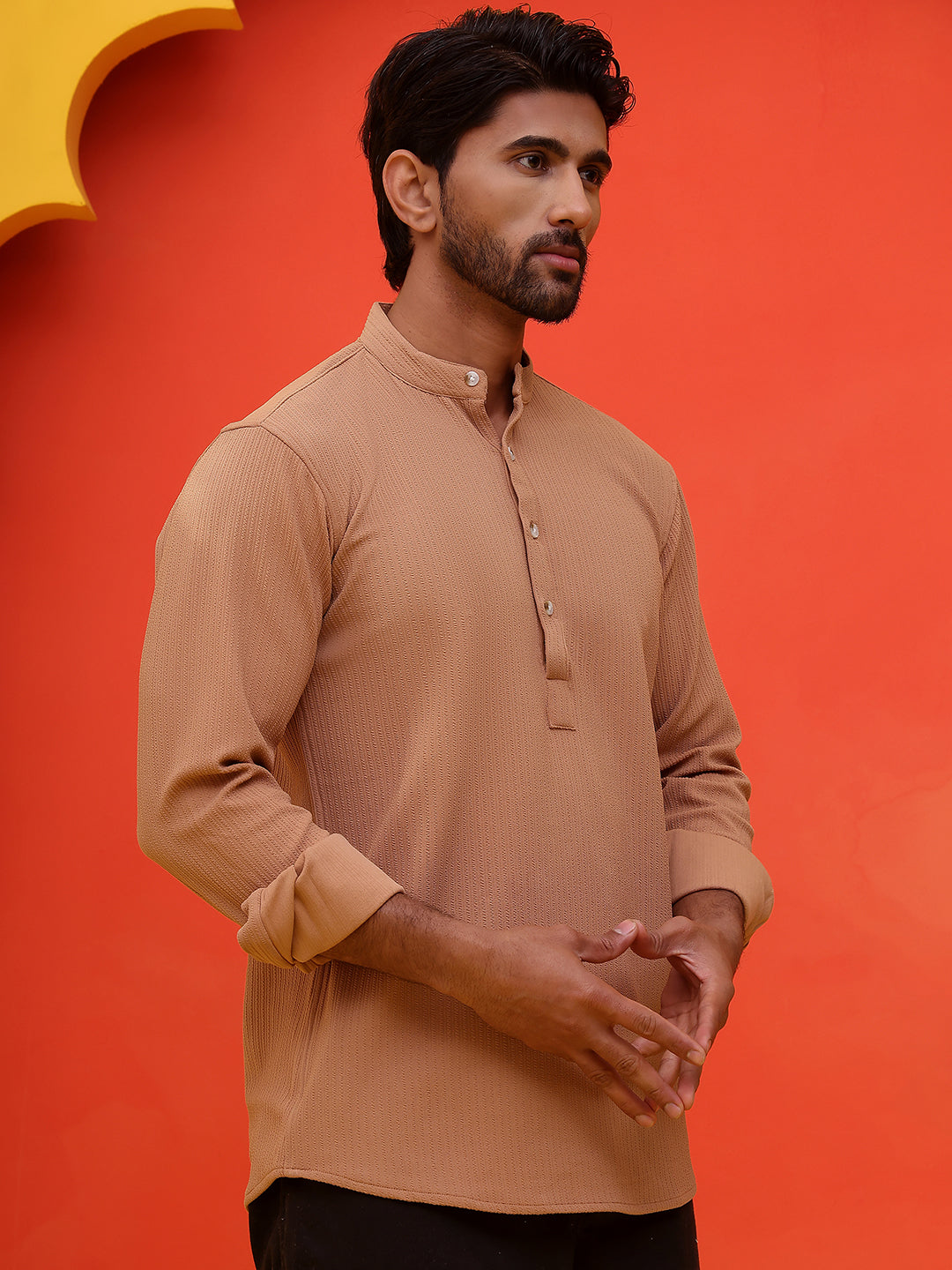 Solid Cotton Blend Short Kurta ( KO 5215 Brown )