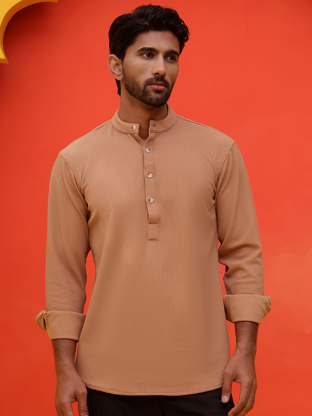 Solid Cotton Blend Short Kurta ( KO 5215 Brown )