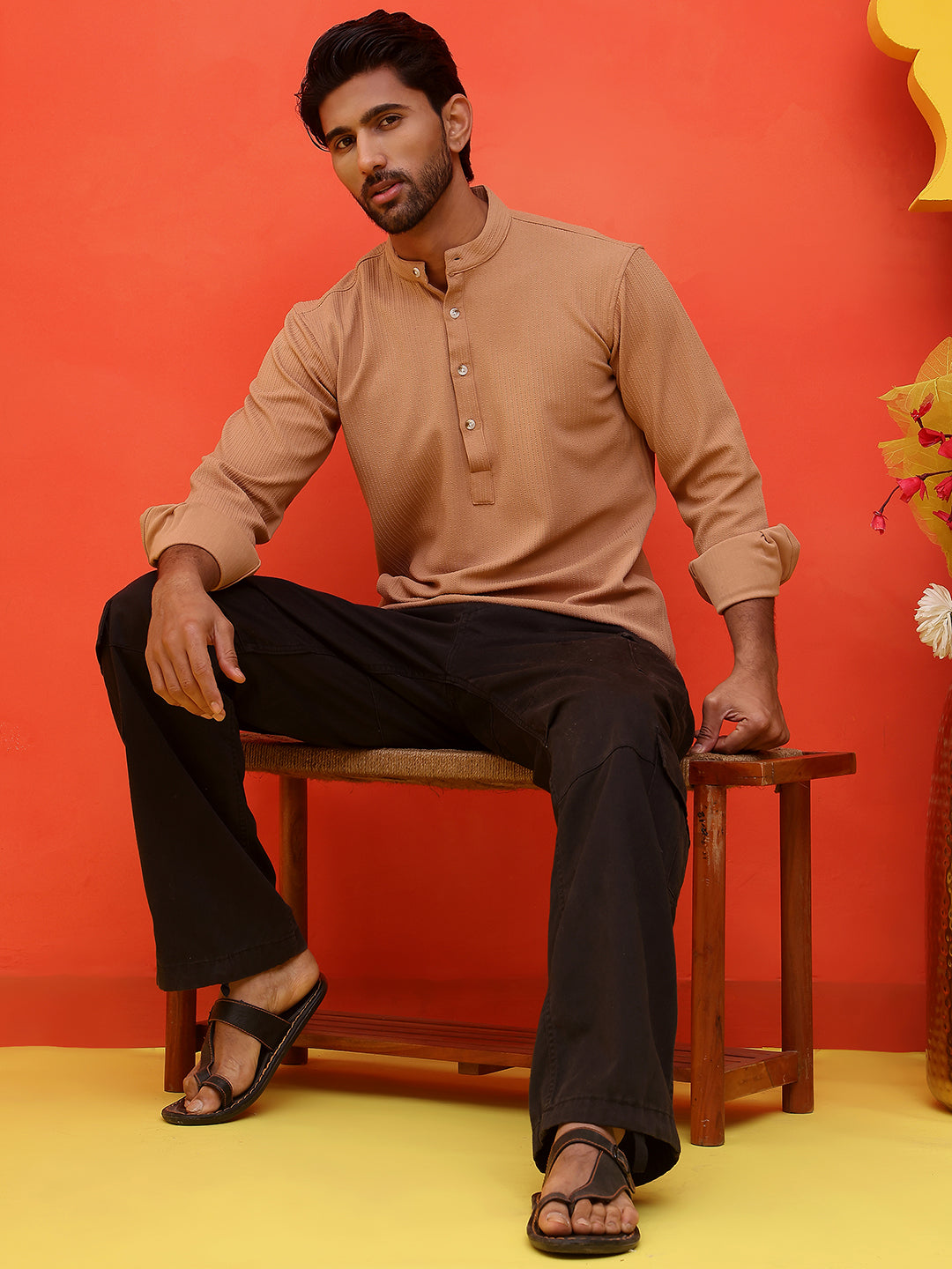 Solid Cotton Blend Short Kurta ( KO 5215 Brown )