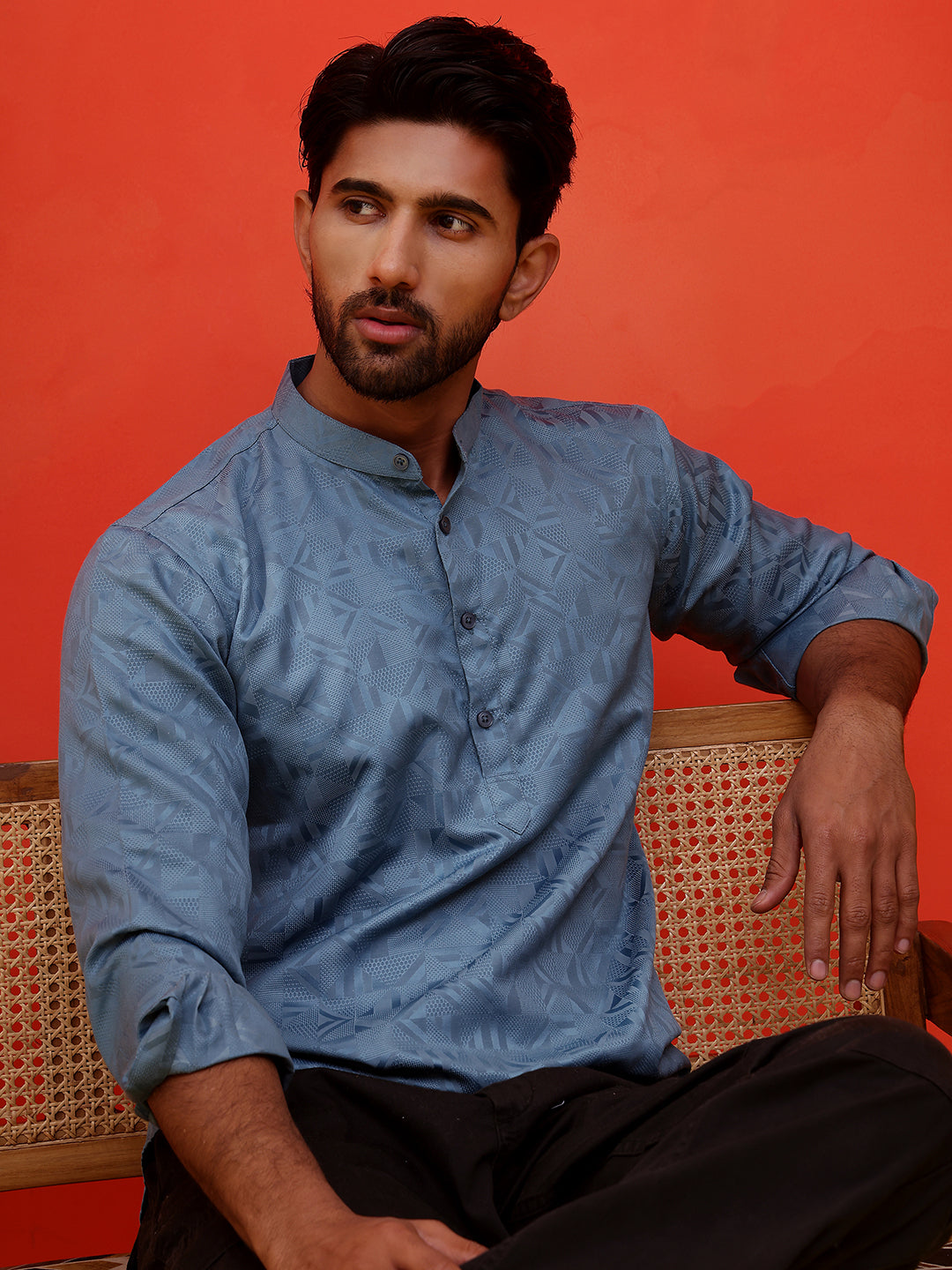 Woven Design Short Kurta for Men ( KO 5216 Blue )