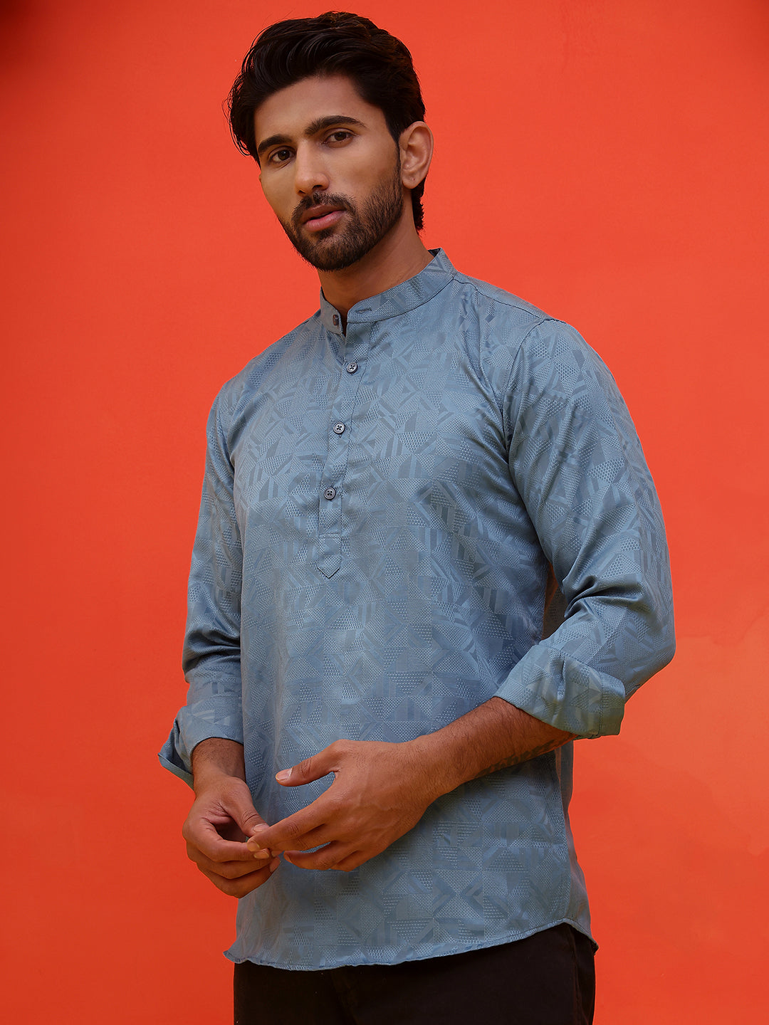 Woven Design Short Kurta for Men ( KO 5216 Blue )