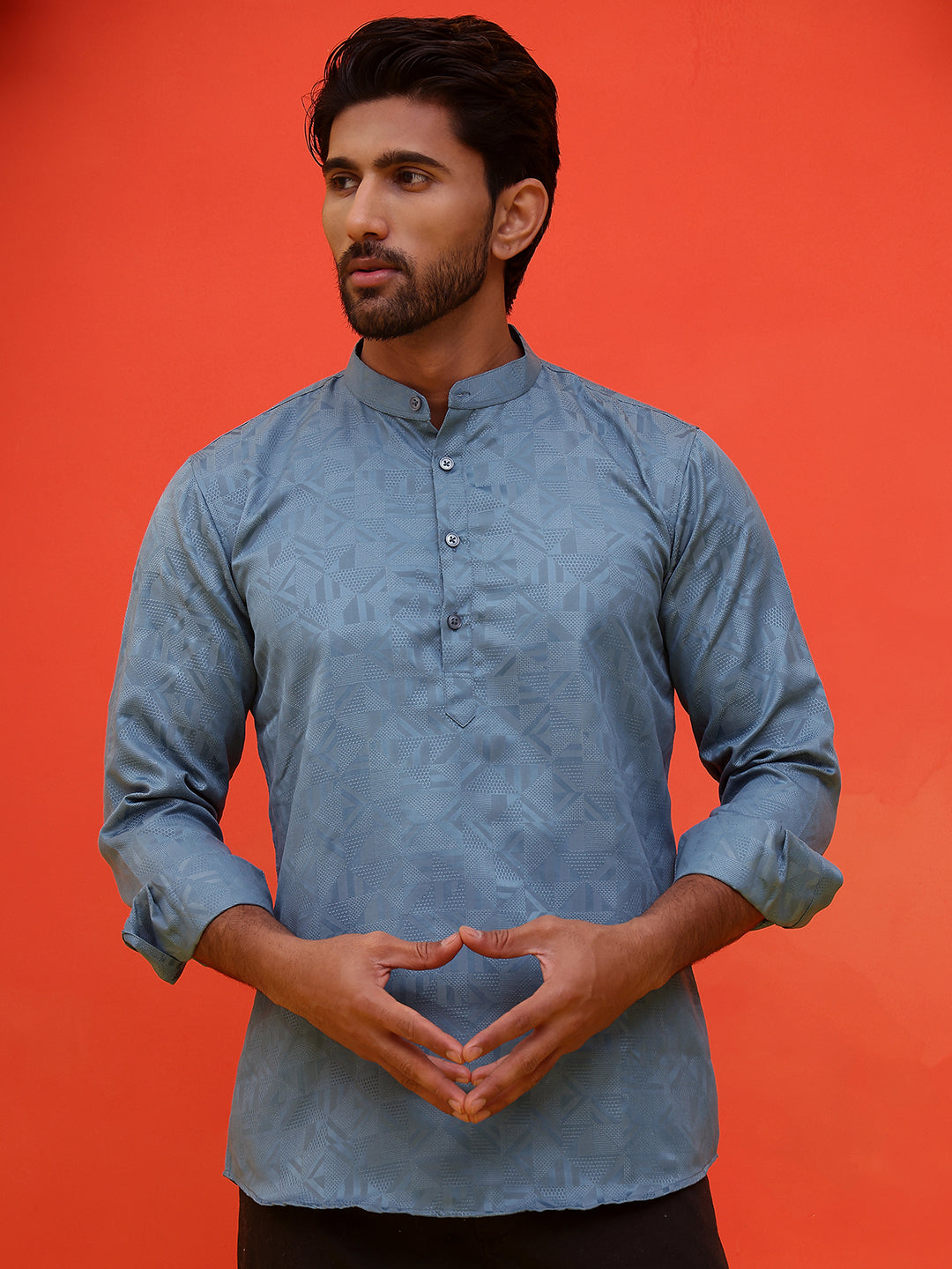 Woven Design Short Kurta for Men ( KO 5216 Blue )