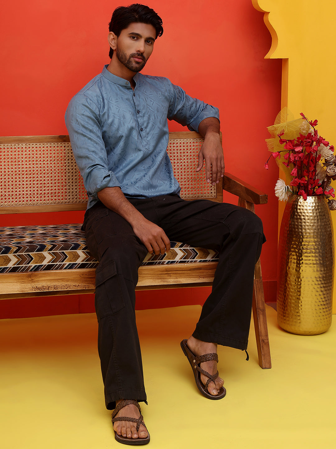 Woven Design Short Kurta for Men ( KO 5216 Blue )