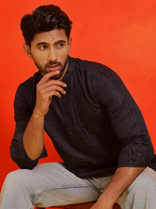Woven Design Short Kurta for Men ( KO 5216 Navy )