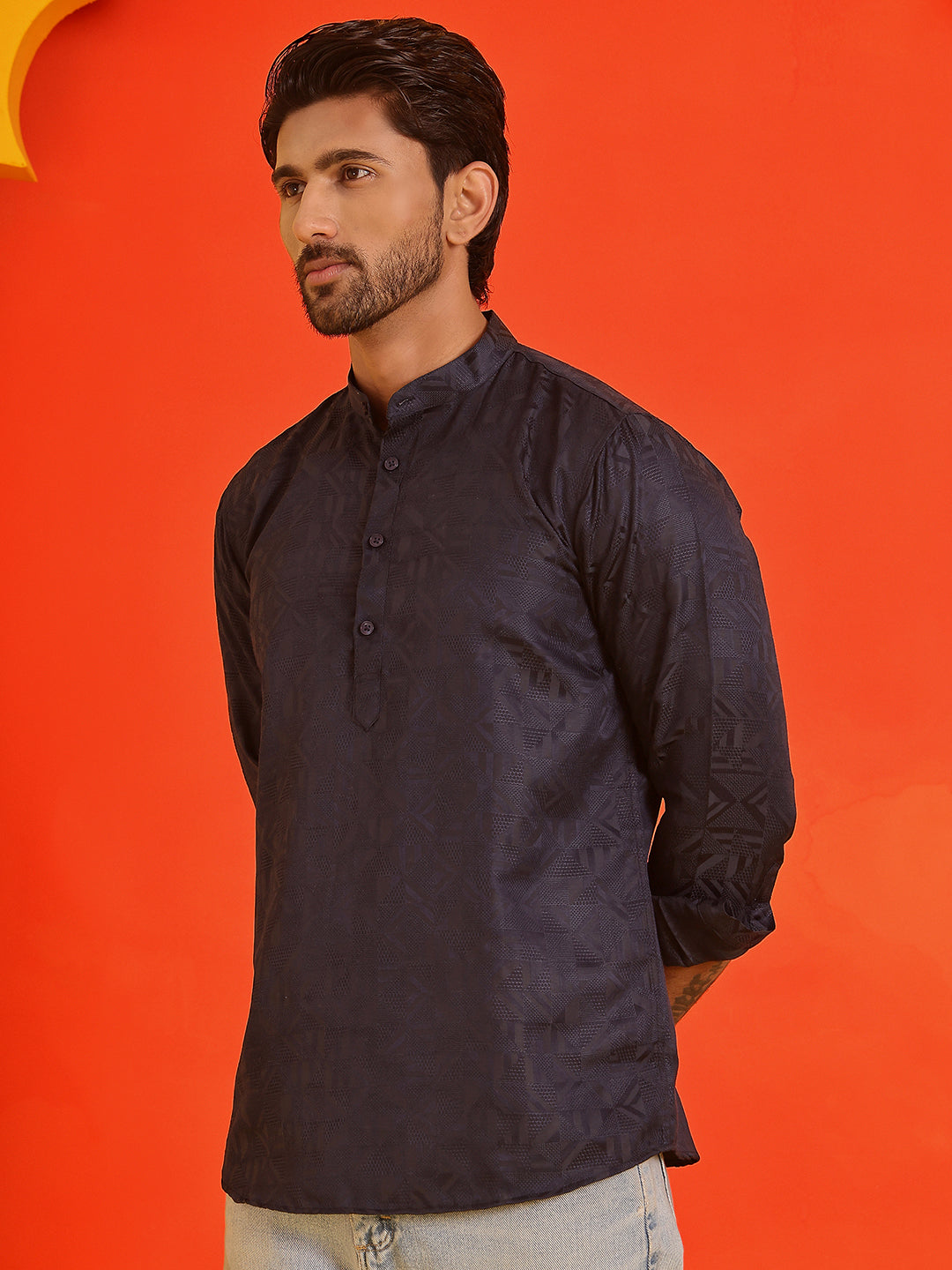 Woven Design Short Kurta for Men ( KO 5216 Navy )