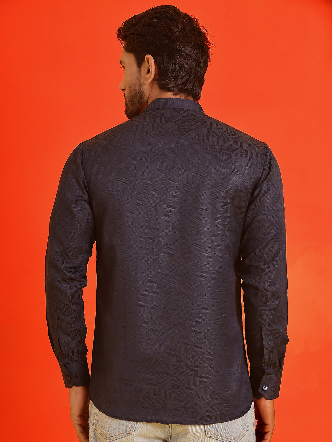 Woven Design Short Kurta for Men ( KO 5216 Navy )