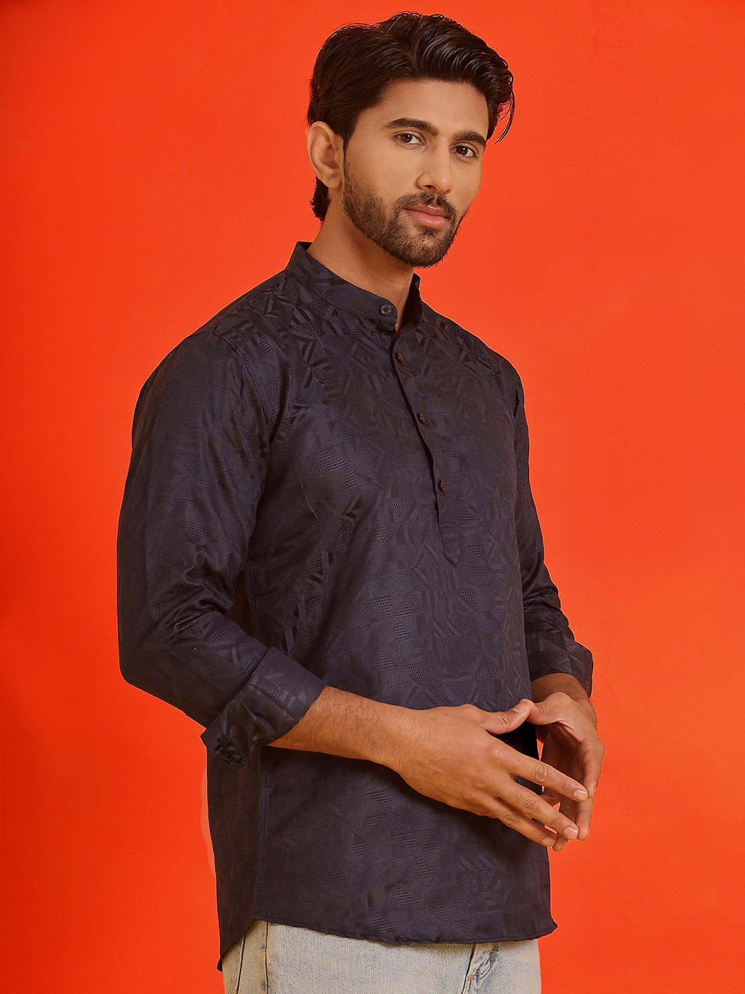 Woven Design Short Kurta for Men ( KO 5216 Navy )