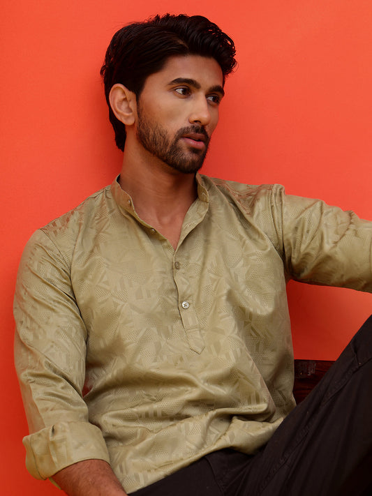 Woven Design Short Kurta for Men ( KO 5216 Pista )