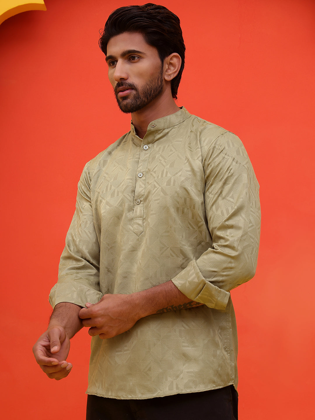Woven Design Short Kurta for Men ( KO 5216 Pista )