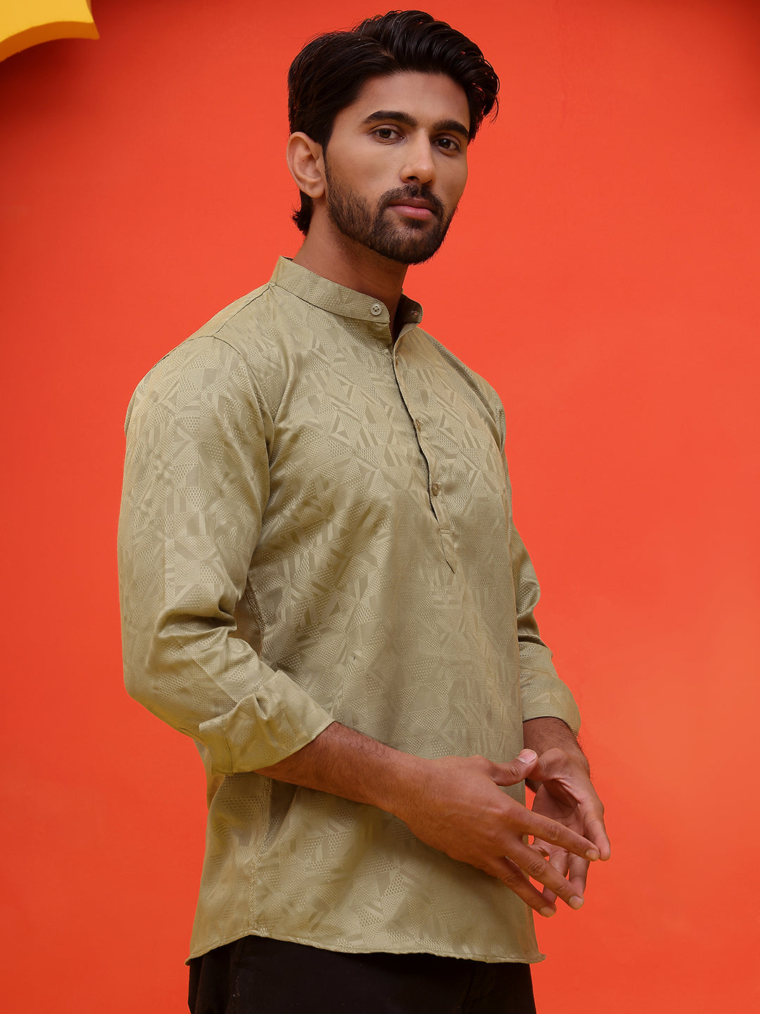 Woven Design Short Kurta for Men ( KO 5216 Pista )