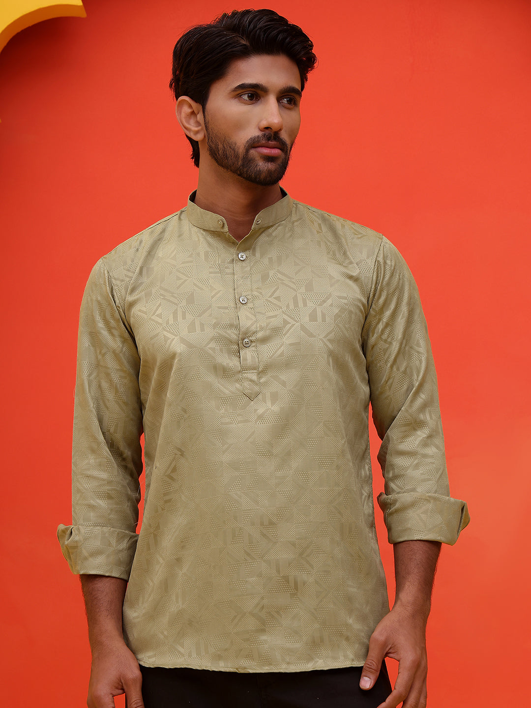 Woven Design Short Kurta for Men ( KO 5216 Pista )