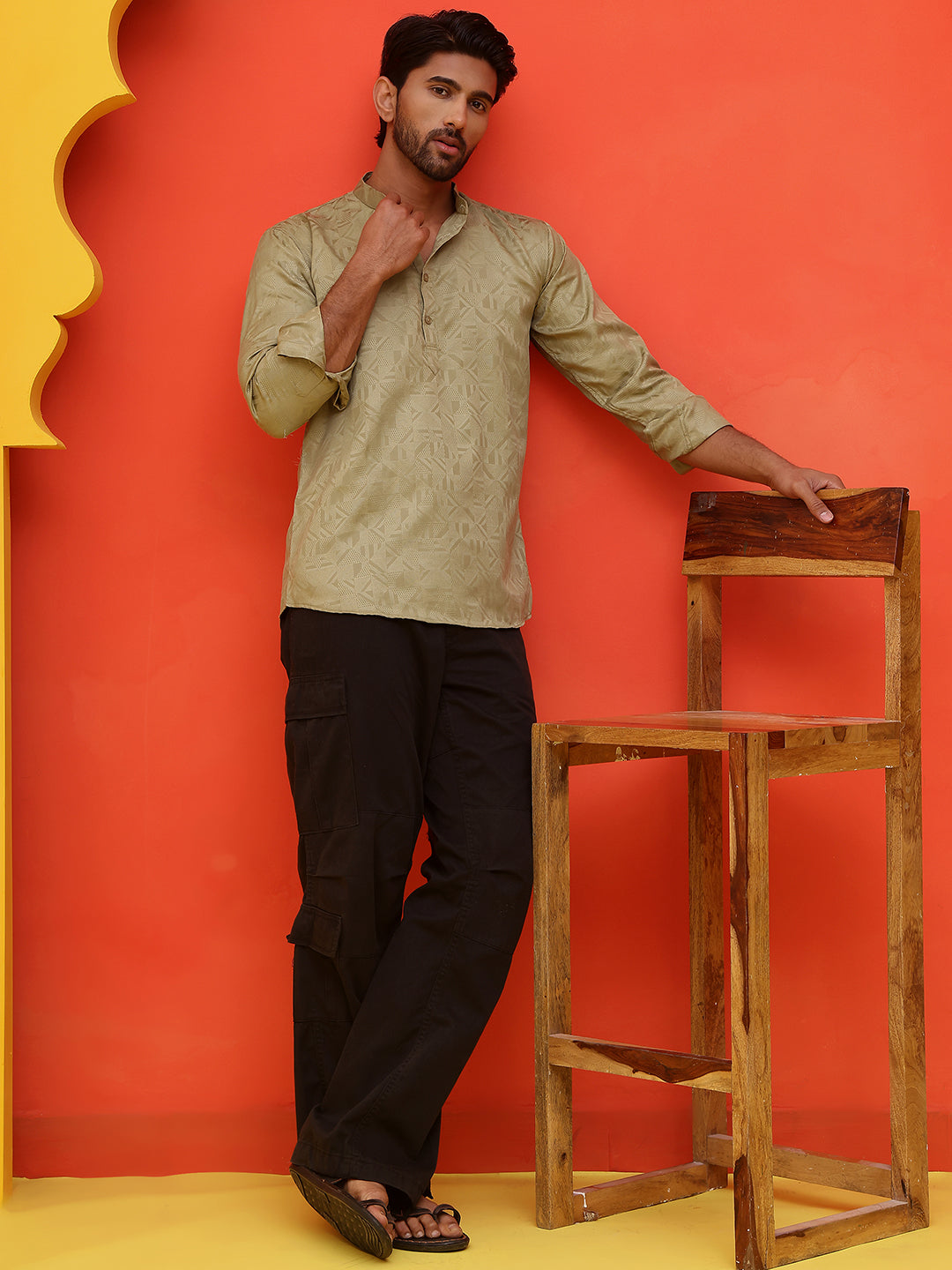 Woven Design Short Kurta for Men ( KO 5216 Pista )