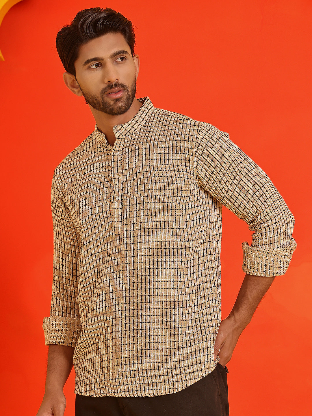 Checked Cotton short Kurtas ( KO 5217 Beige )