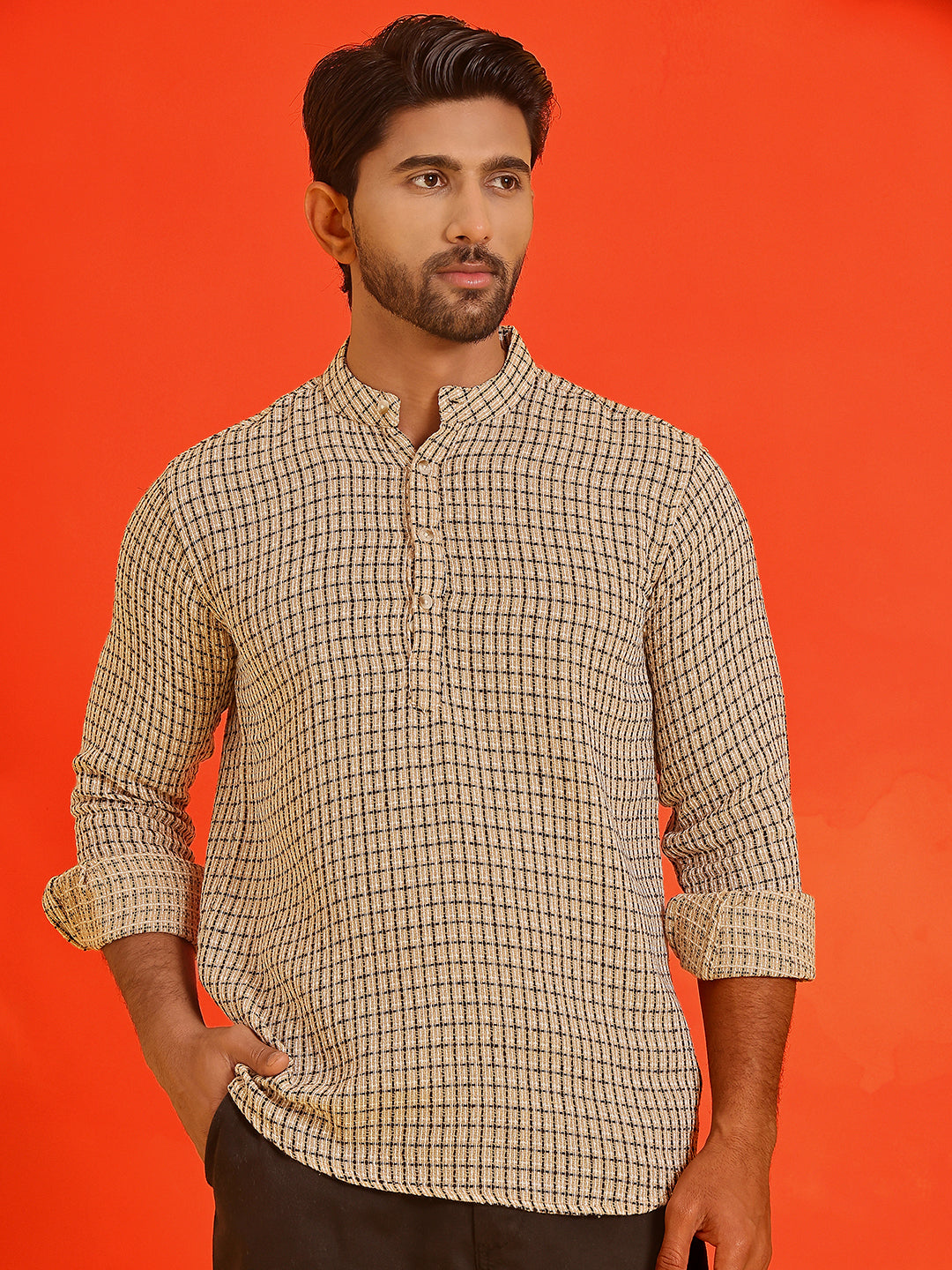Checked Cotton short Kurtas ( KO 5217 Beige )