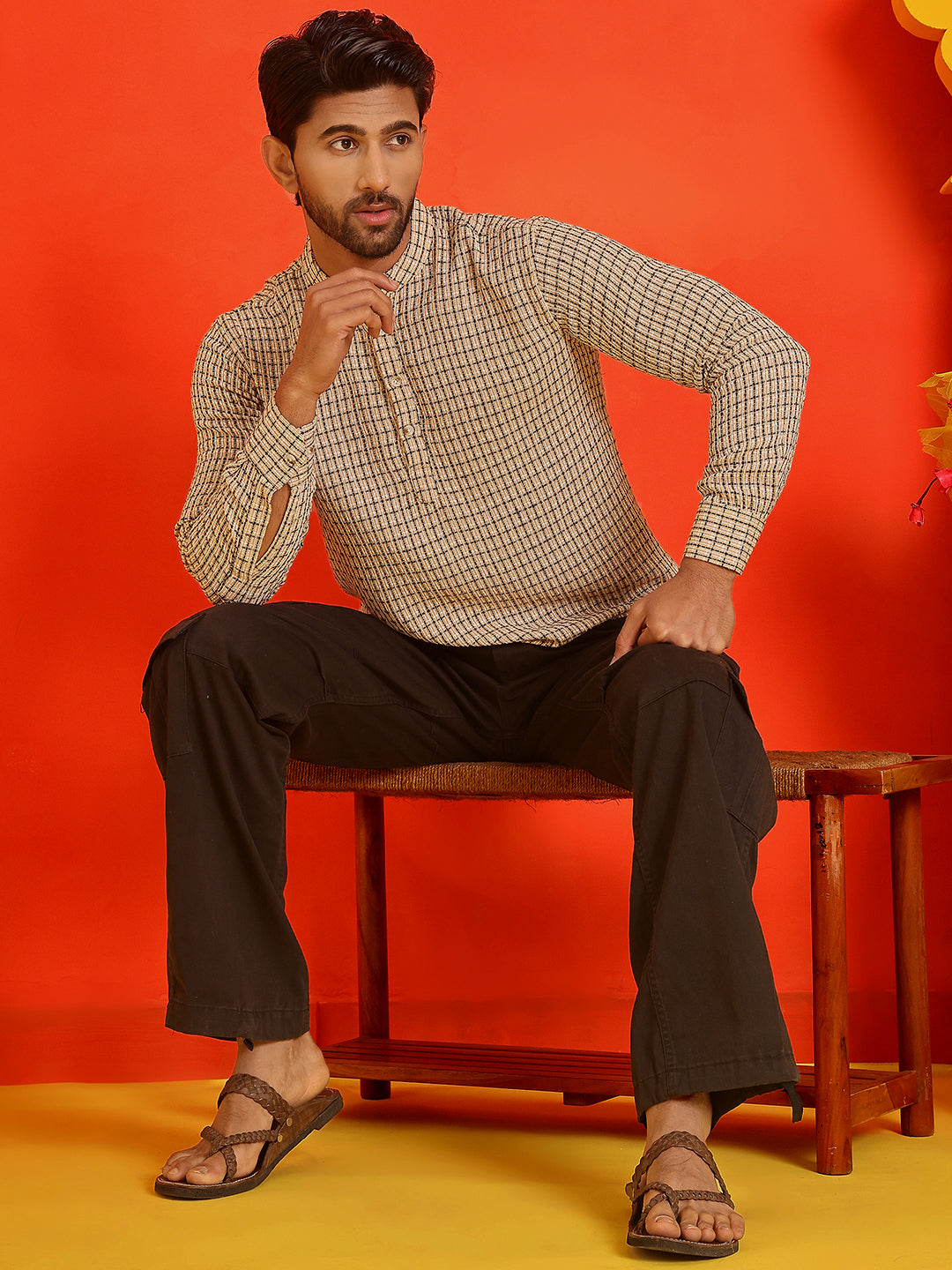 Checked Cotton short Kurtas ( KO 5217 Beige )