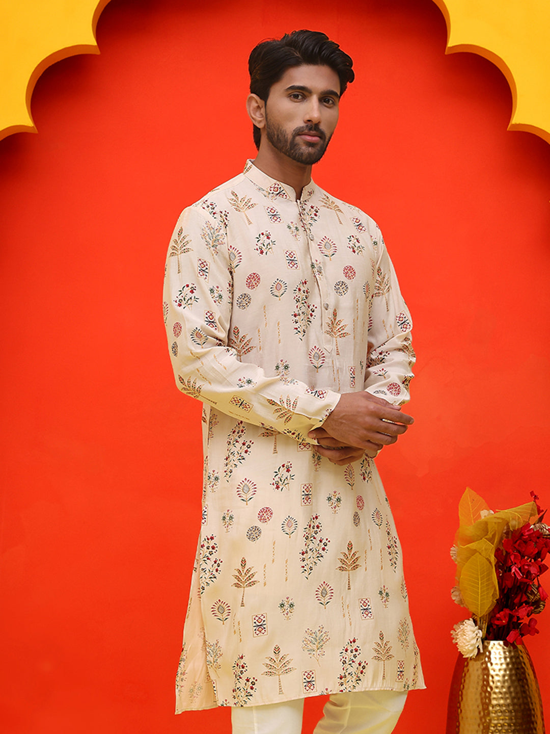 Printed Silk Blend Straight Kurtas ( KO 5218 Cream )