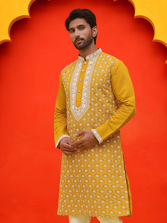 Embroidered Kurtas For Men ( KO 5220 Mustard )