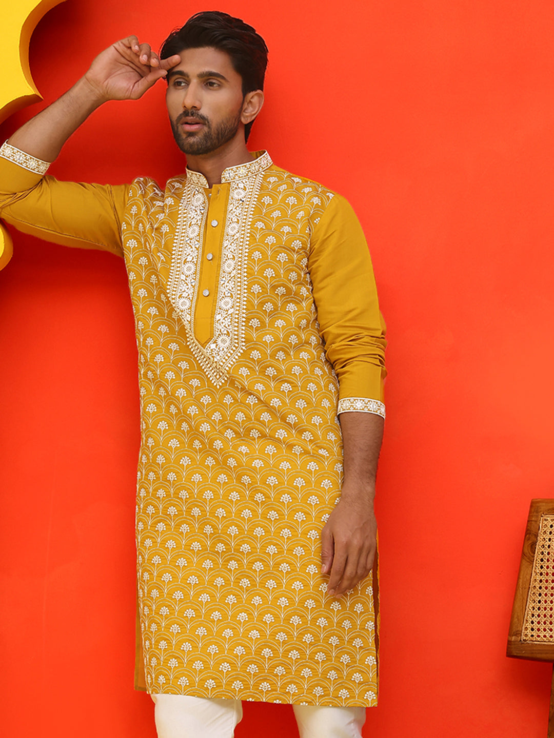 Embroidered Kurtas For Men ( KO 5220 Mustard )