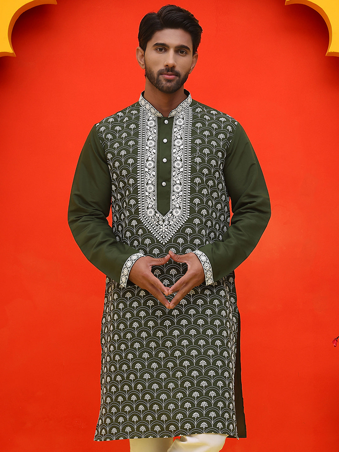 Embroidered Kurtas For Men ( KO 5220 Olive )