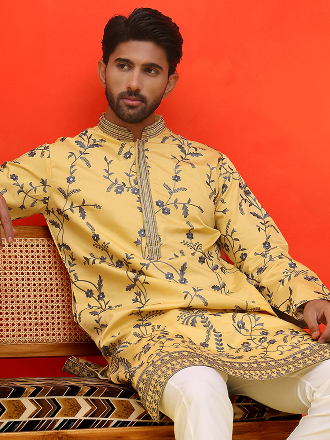 Chikankari Embroidered Kurtas For Men ( KO 5221 Yellow )