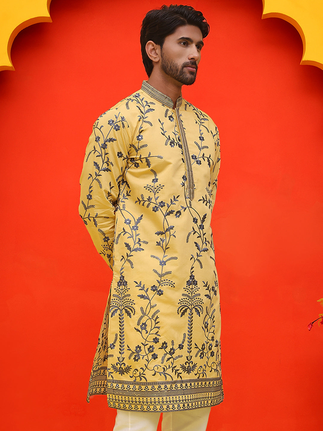 Chikankari Embroidered Kurtas For Men ( KO 5221 Yellow )