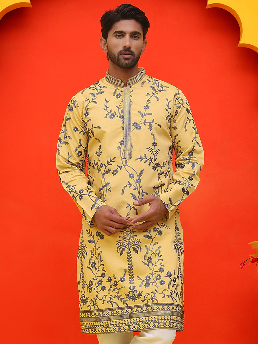 Chikankari Embroidered Kurtas For Men ( KO 5221 Yellow )