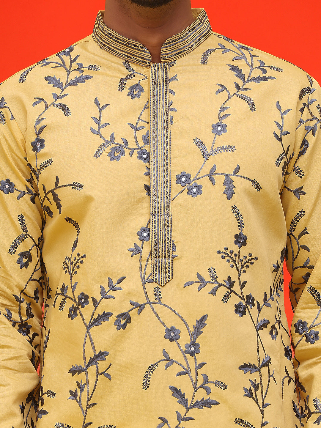 Chikankari Embroidered Kurtas For Men ( KO 5221 Yellow )