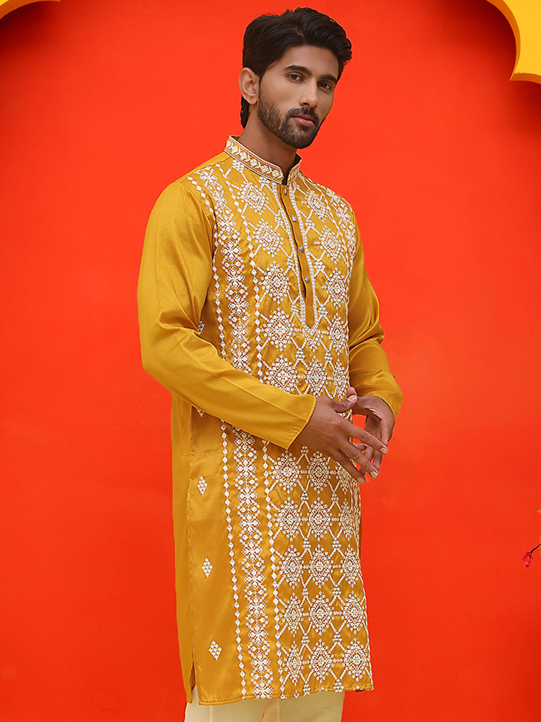 Embroidered Kurtas For Men ( KO 5223 Mustard )