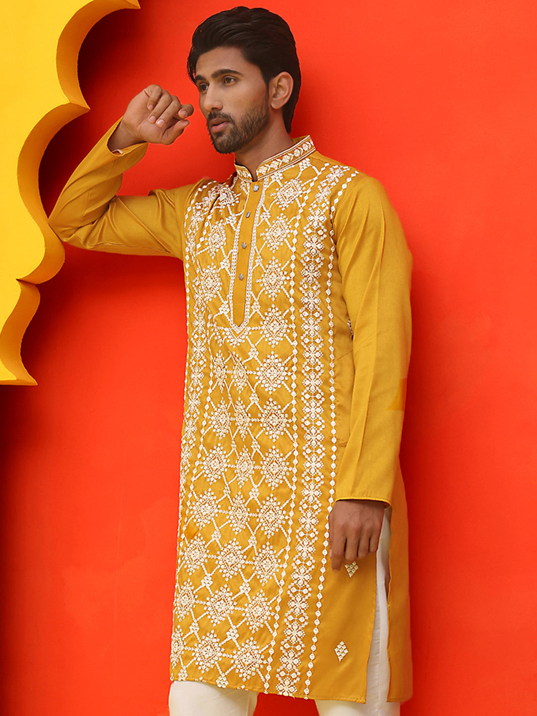 Embroidered Kurtas For Men ( KO 5223 Mustard )