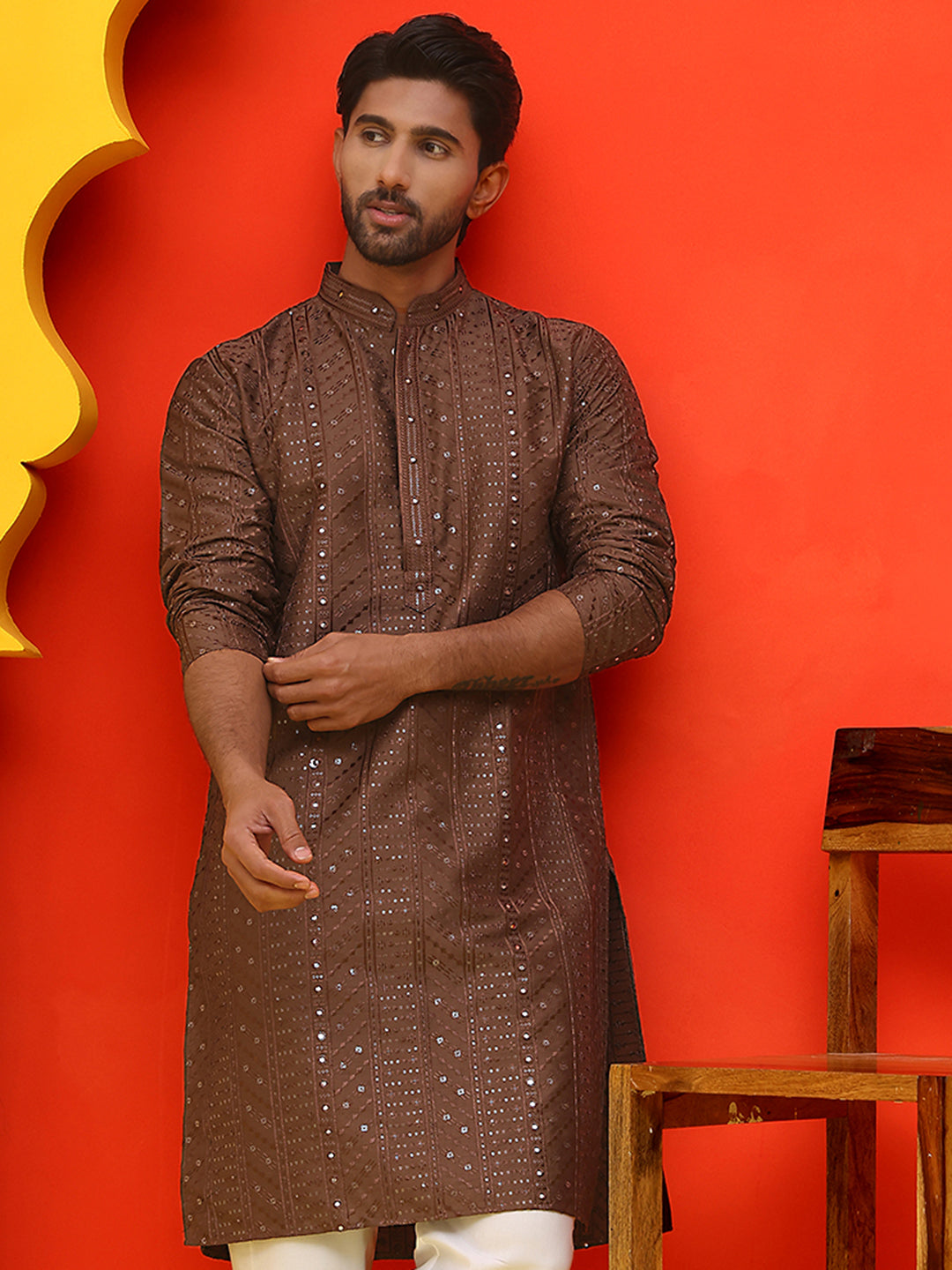 Embroidered straight Kurtas For Men ( KO 5225 Coffee )
