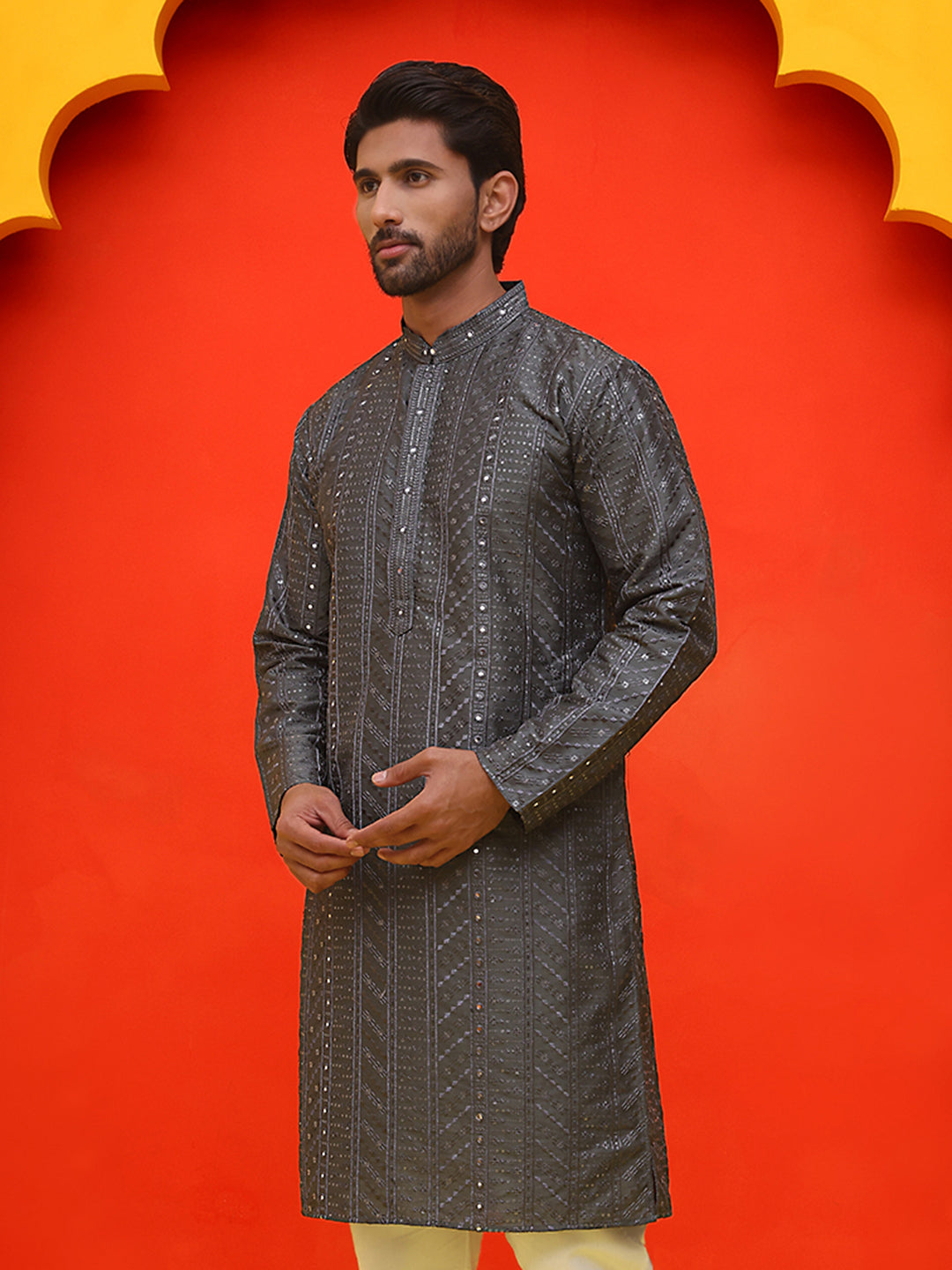 Embroidered straight Kurtas For Men ( KO 5225 Grey )