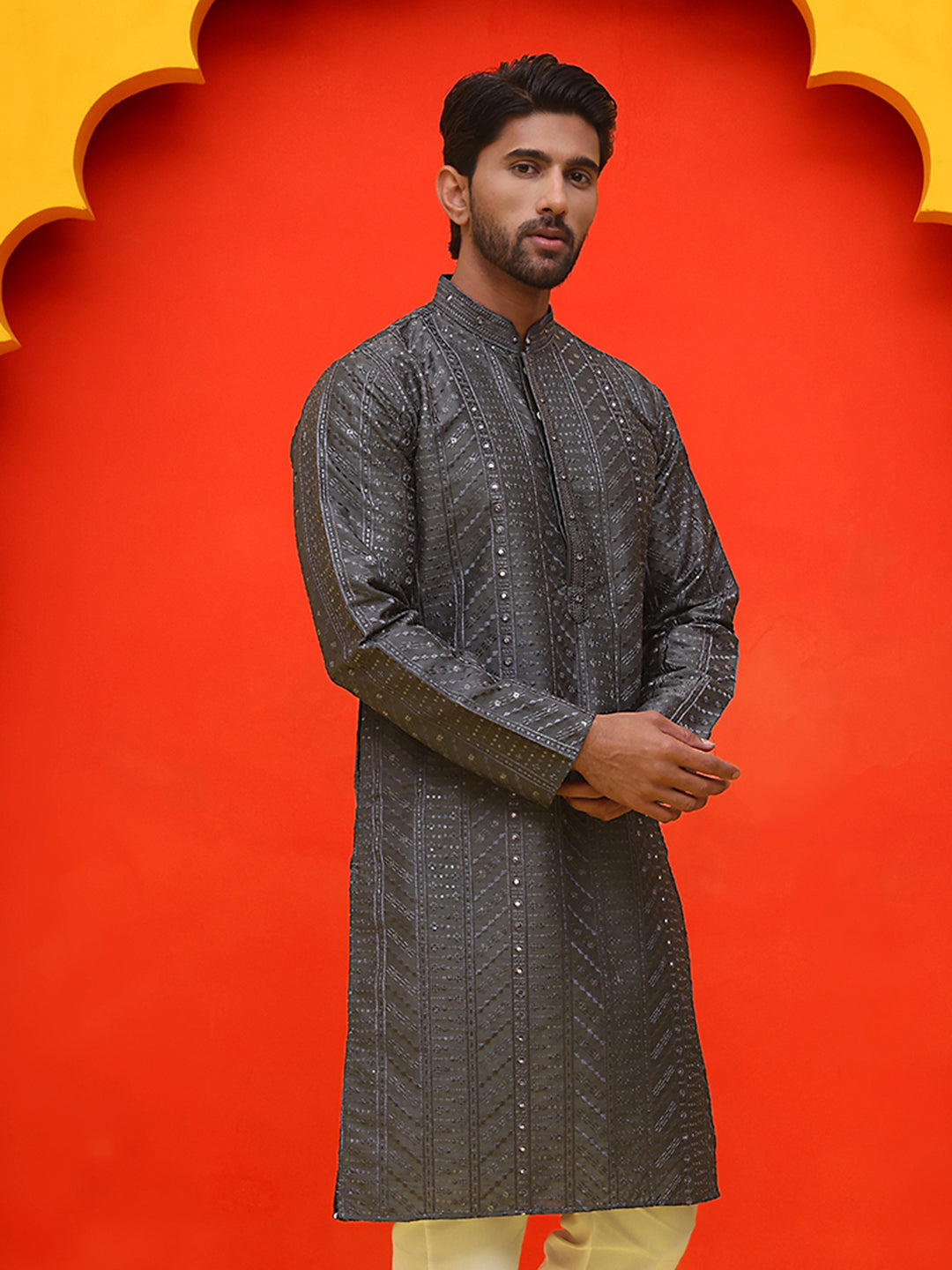 Embroidered straight Kurtas For Men ( KO 5225 Grey )
